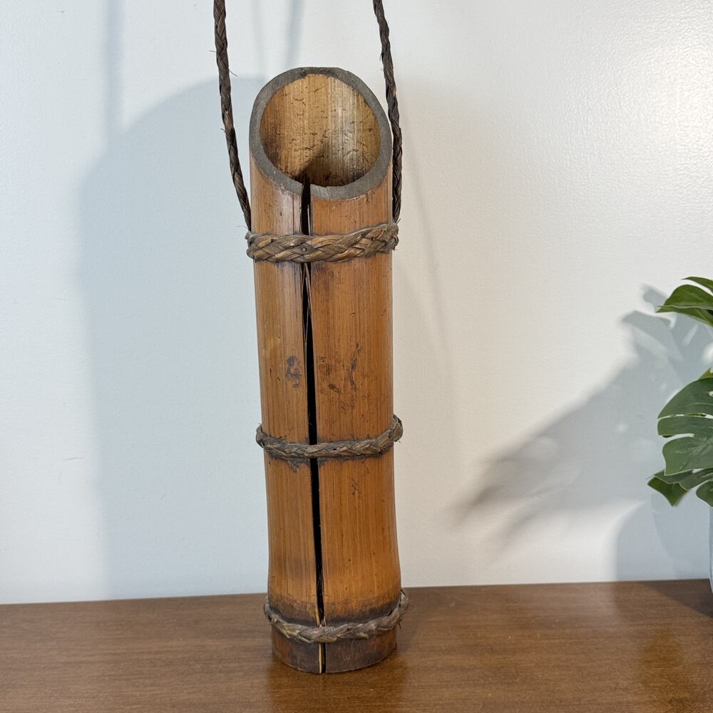 Vintage Handcrafted Bamboo Vase Planter with Braided Rope Handle & Accents 16.5"